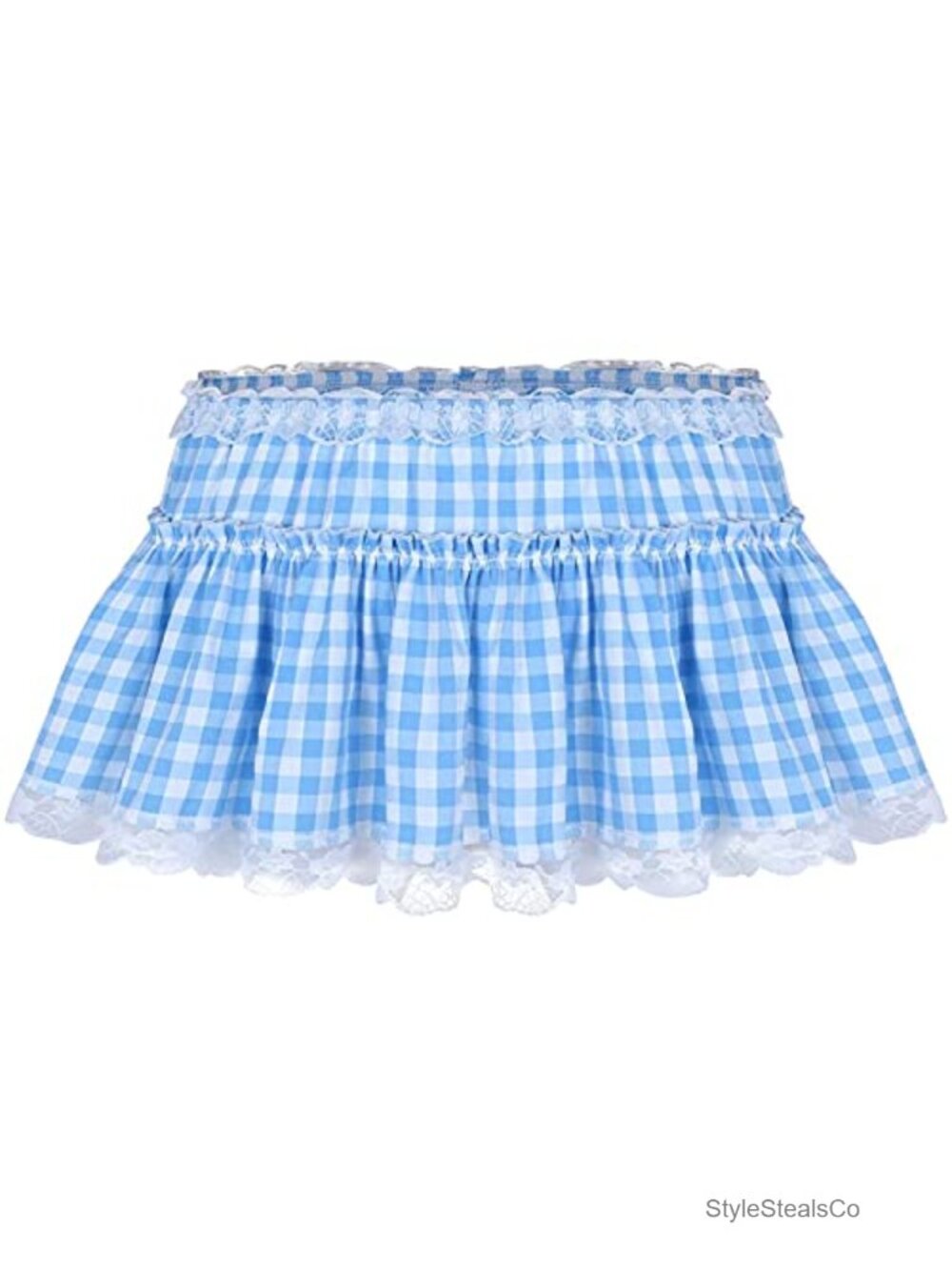 KKmeter Men's Pleated A-Line Mini Skirt Lace Hem Openwork Gingham